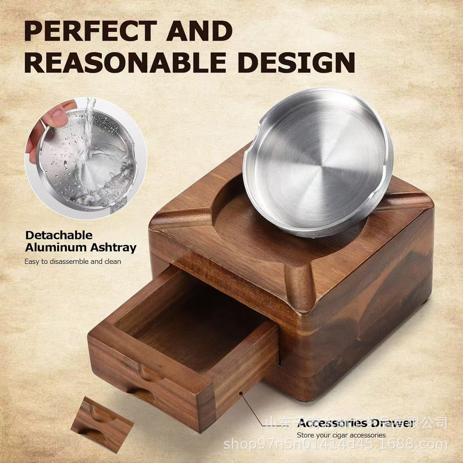 Men Accessories Drawer - Asbak Cerutu Kayu dengan Laci, Pelapis